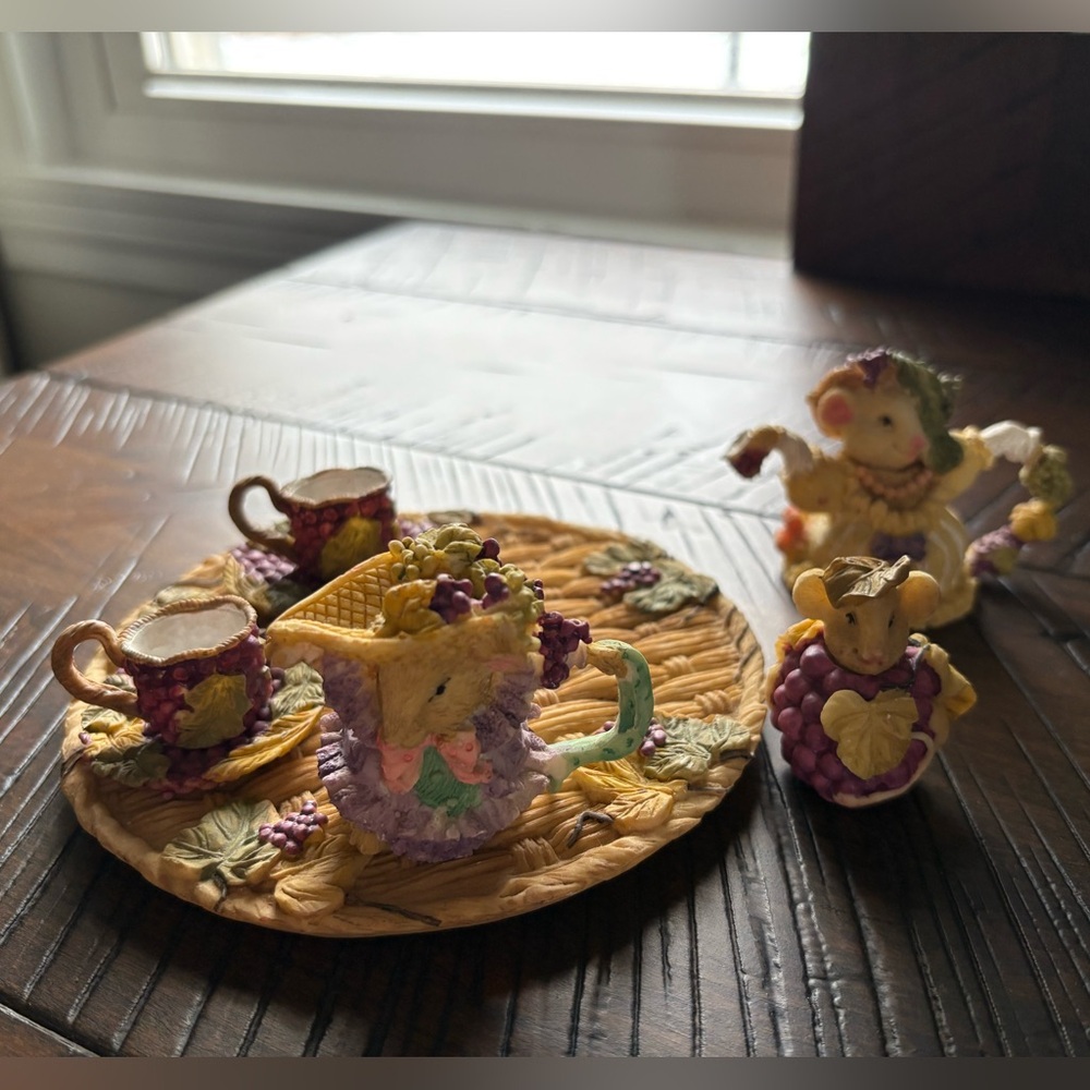 Miniature Mouse Figurine Tea Set with Grapes